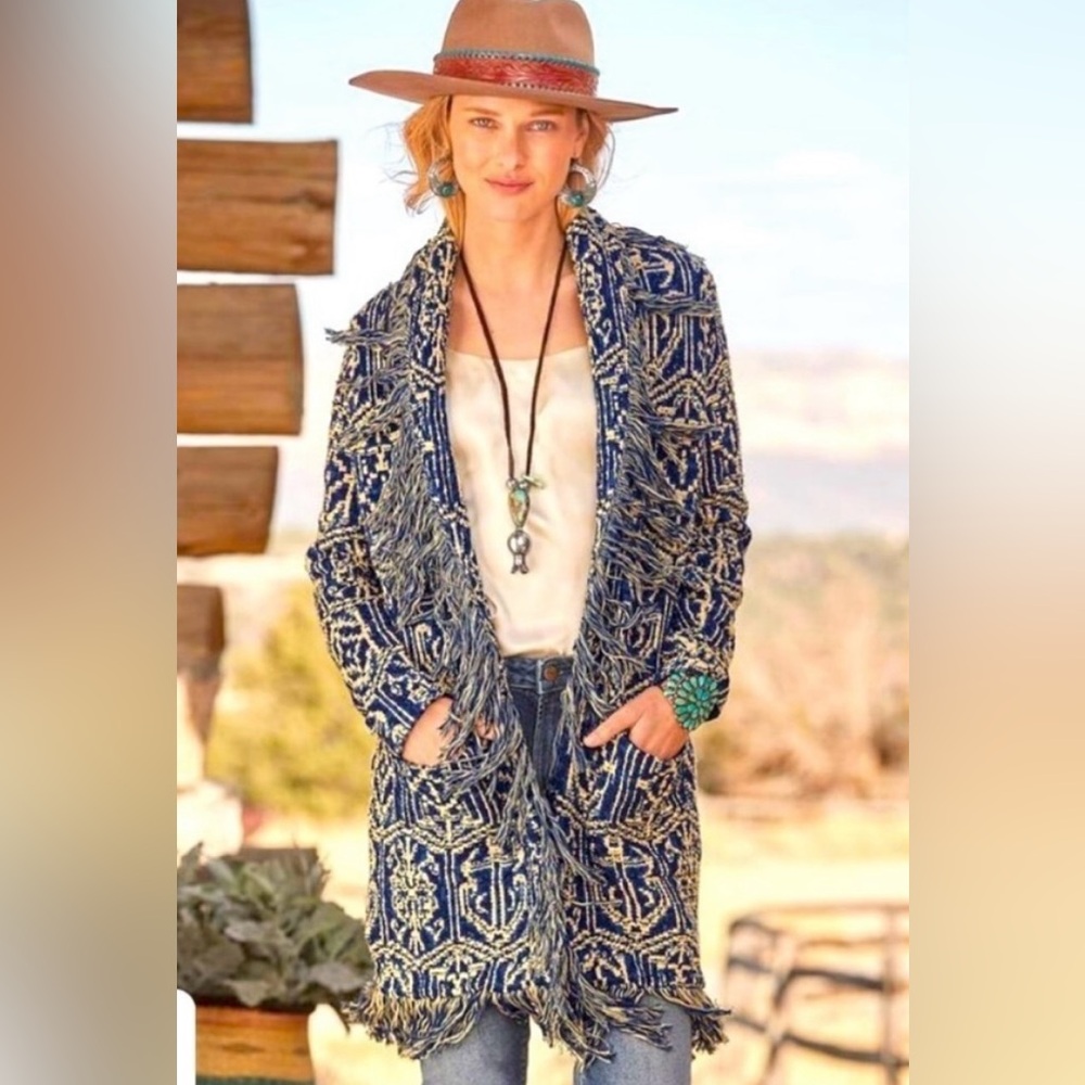 Sundance Navy and Cream Fringe Duster Cardigan Size L